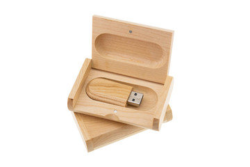 Wooden flash drive isolated on white background