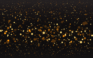 Luxury golden sparkle background, glitter magic glowing. Black and gold vector luminous dust with bokeh