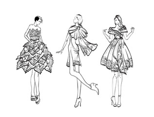 Beautiful young women. Hand drawn stylish woman portrait. Fashion lady. Winter outfit. Sketch. Fashion model posing in coat. Hand drawn fashion woman.