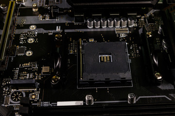 Close-up of a modern computer motherboard. Electronic computer hardware technology