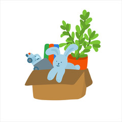 A box with an indoor plant, a bunny, a toy truck and books. Blue, green and red colors. Hand drawn vector illustration isolated on white background.