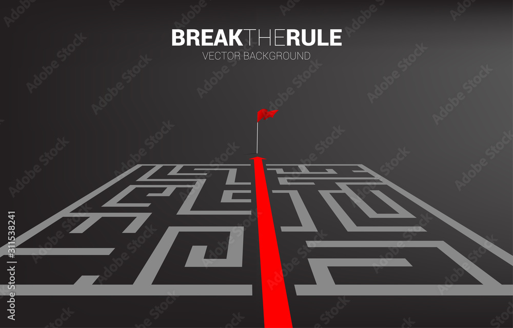 Aufkleber Red arrow route break out of maze to flag. Business concept for problem solving and solution strategy.