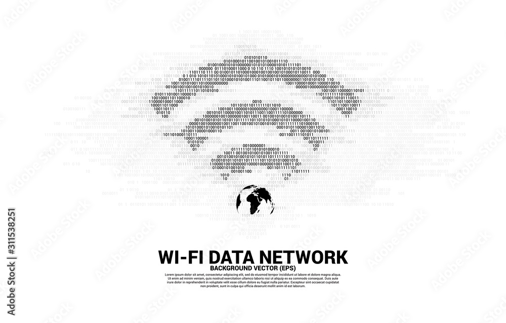 Leinwandbilder Vector world with wi-fi mobile data icon with one and zero binary code matrix. Concept for data transfer of mobile and wi-fi data network.