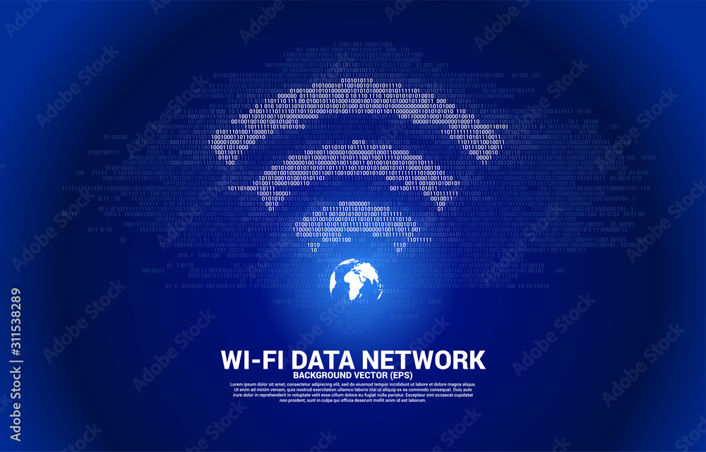 Fototapete Vector world with wi-fi mobile data icon with one and zero binary code matrix. Concept for data transfer of mobile and wi-fi data network.