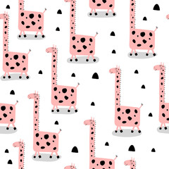 Seamless pattern with cartoon giraffes, decor elements. Flat colorful vector for kids. hand drawing. animals. baby design for fabric, textile, wrapper, print.