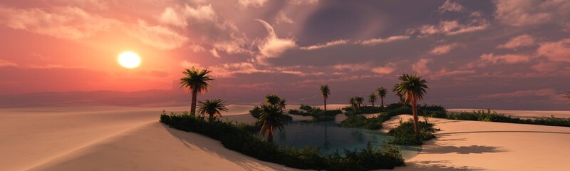 Fototapeta na wymiar Oasis at sunset in a sandy desert, a panorama of the desert with palm trees, 3d rendering
