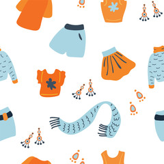 Vector seamless pattern with different clothes and earrings on white background. Great print  for fabric, wrapping papers, covers. Hand drawn illustration in orange and blue colors.