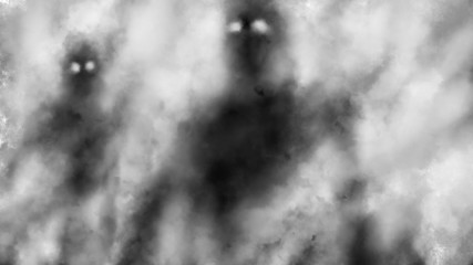 Two scary shadows emerge from the fog and look with glowing eyes. Illustration in horror fantasy genre. Coal and noise effect. Gloomy characters from nightmares. Black and white background colors.
