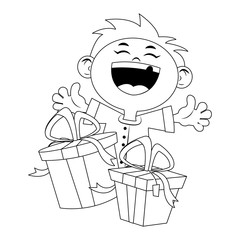 cartoon happy boy with gift boxes icon, flat design