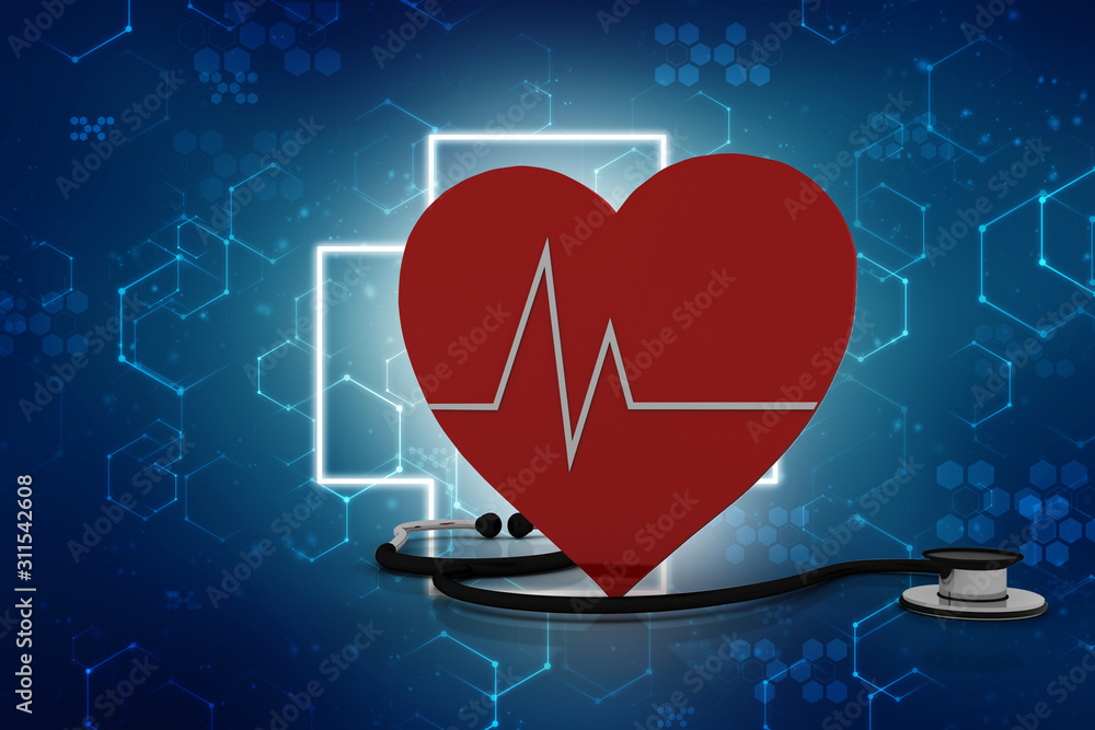 Poster 3d rendering stethoscope with ecg graph
