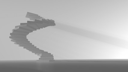 high spiral staircase in an abstract space illuminated with bright light voluminous particles. side view 3d illustration. Concept of Success Climbing and Finding Yourself