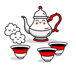 Cute teapot with teacups. Kawaii cartoon characters. Tea party. Vector illustration.