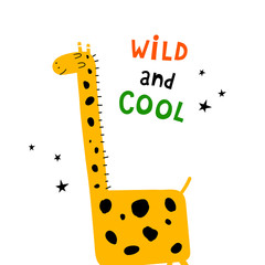 wild and cool. hand drawing lettering with cartoon giraffe, decor elements. Flat vector illustration for kids. baby design for cards, prints, posters