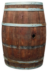 Obraz premium Wooden barrel without cork with iron rings varnished and set to dry. Isolated on white background