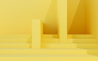 Abstract interior space with geometric form and yellow color, Sun light cast the shadow on wall. 3D rendering.