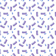 Watercolor pattern with violet and blue sweets. Cute sweet candies on a white background in cartoon style. Food illustration for packaging, paper, textile