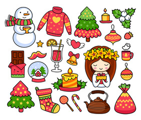 Merry Christmas set. Collection of cute stickers, prints and pins. Pine tree, snowman, mistletoe, mulled wine, decorations, gifts and sweets. Doodle vector illustration.