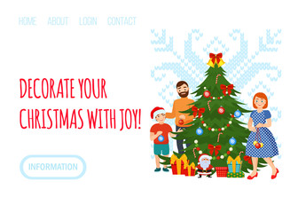 Naklejka premium Christmas tree and people family vector illustration for web page landing internet site.