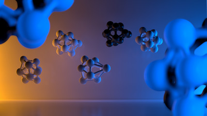 molecule colorful illustration over orange and blue lit background. 3d illustration. Selective focus macro shot with shallow DOF
