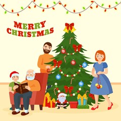 Family Christmas holiday celebration near decorated Christmas tree vector illustration.