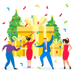 New Year, Christmas party with dancing people, xmas tree, gifts vector illustration.