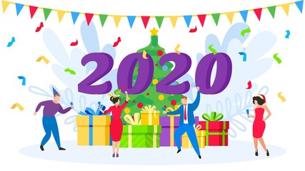 New Year party, dancing people, Christmas tree, gifts vector isolated illustration.