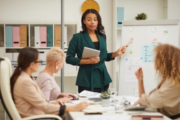 Elegant African American businesswoman making short month report at meeting, horizontal shot