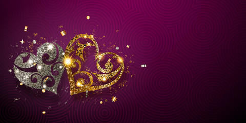 Valentine's day card with two shiny hearts of silver and golden sparkles with glares and shadows on purple background