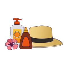 hat and sun bronzer bottle icon, colorful design