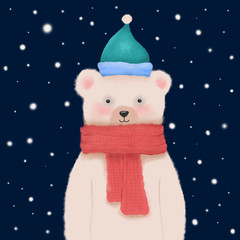 A cute smiling  bear in the wool hat and scarf standing on the street ith snow