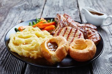 close-up of traditional Sunday roast, top view