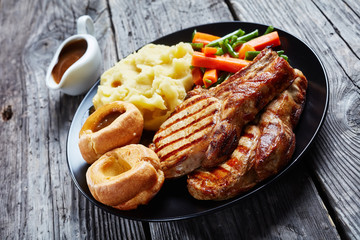 close-up of traditional Sunday roast, top view