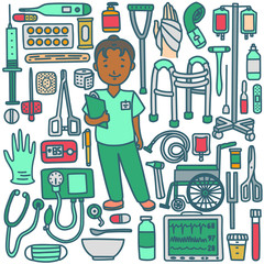 Nurse with Medical Instruments in Hand-Drawn Doodle Style