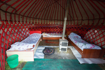 Interior of simple yurt in Pamir, Kyrgyzstan, the way to Pamir highway in Tajikistan