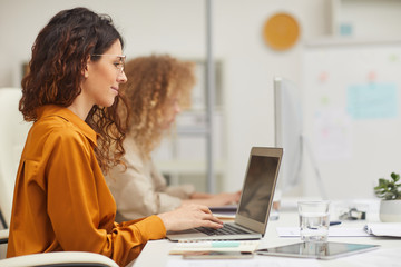 Horizontal side view shot of two Caucasian women working on computers in modern office