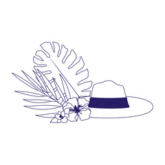 tropical leaves with flowers and beach hat, flat design