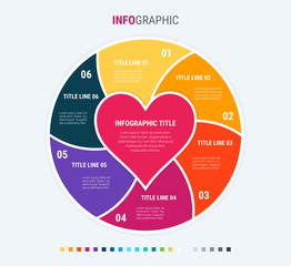 Colorful diagram, infographic template. Love infographic template with 6 steps. Heart workflow process for valentines. Vector design. Warm palette.