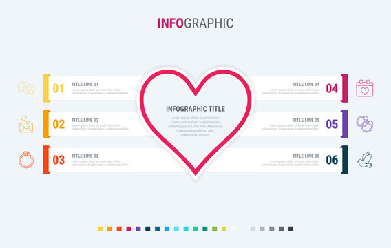 Infographic template. Love is in the air. 6 steps hearted design with beautiful colors. Vector timeline elements for presentations. Warm palette.