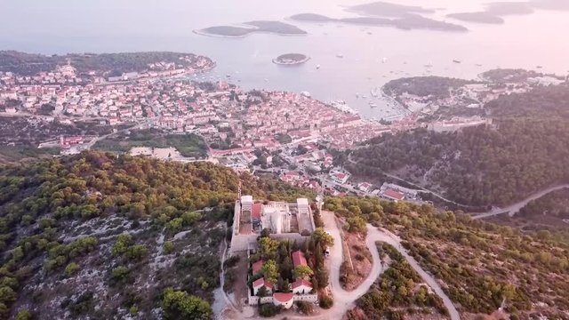 Drone view of old town hvar and Fotress Fortica on top