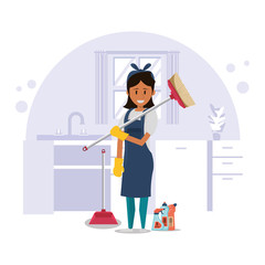 woman worker housekepping with broom