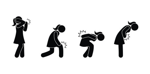 Icons of pictograms of figures of a girl with pain, trauma, soreness, problems. A woman having pain and discomfort in different parts of the body.