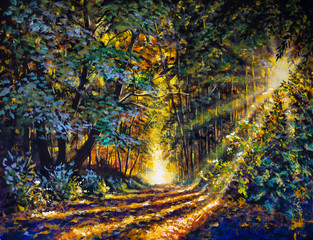 Beautiful oil painting artwork forest in spring autumn with bright sun shining through the trees