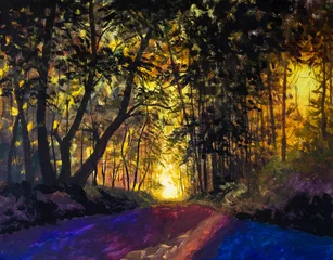 Kunstmalerei Szenischer Wald aus frischen grünen Laubbäumen, eingerahmt von Blättern, wobei die Sonne ihre warmen Strahlen durch das Laub wirft © weris7554