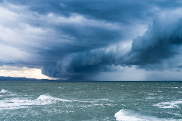 Arrival of the storm Fabien with a huge dark cloud. Biarritz, Basque Country of France.