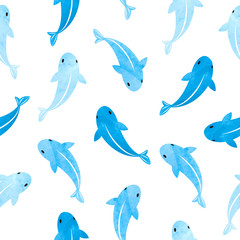 Seamless sea pattern with blue watercolor fish silhouettes.