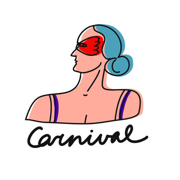 Colorful vector illustration with blue haired girl in red mask. Carnival or theatre related image. Hand drawn lettering with the word Carnival. Perfect for stickers
