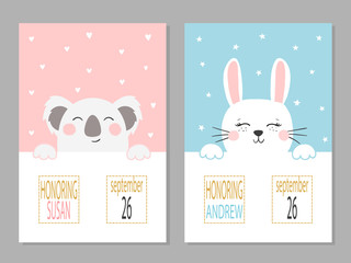 Baby shower posters with cute animals. Newborn announcement cards vector illustration.