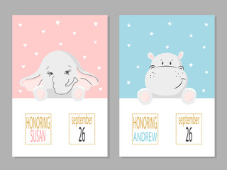 Baby shower posters with cartoon animals. Newborn announcement cards vector illustration.