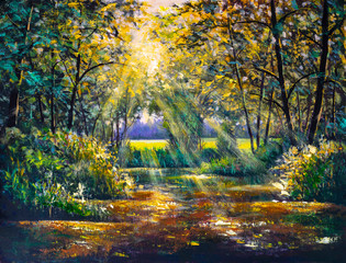 Original Ölgemälde Fluss See Teich Meer in sonniger Sonne Sonnenlicht Wald Holz Bäume Impressionismus Landschaft