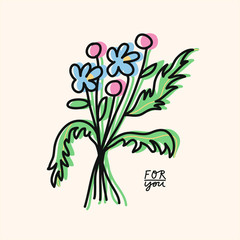 Fototapeta na wymiar Vector illustration with bouquet of flowers and lettering. hand drawn inscription with the phrase For You. Floral drawing in pastel colors.